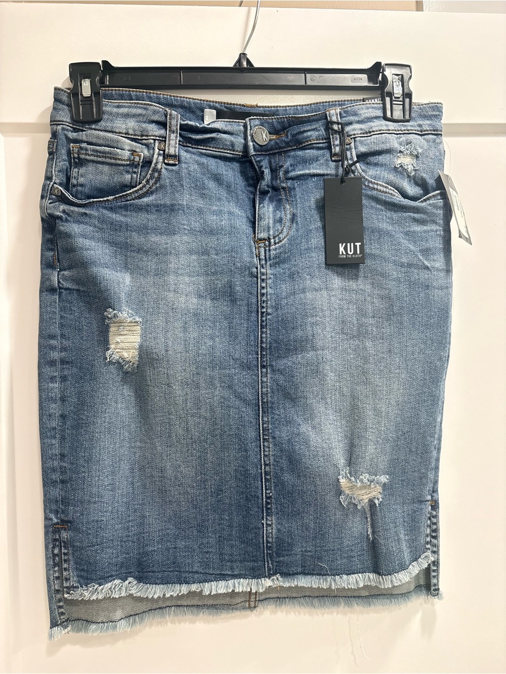 Kut from the Kloth Distressed Denim Pencil Skirt in Light Blue
